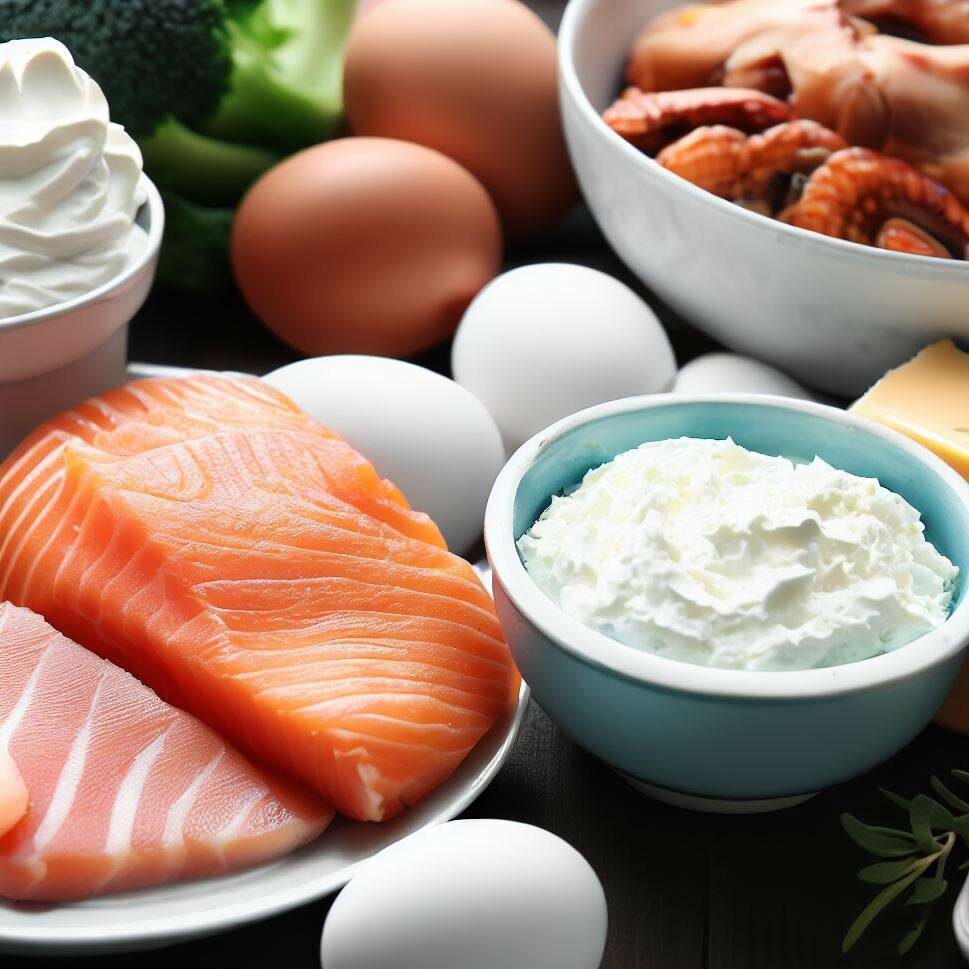 저지방 고단백 식단 의 달걀, 연어, 닭가슴살, 그릭 요거트가 식탁위에 놓여있는 사진